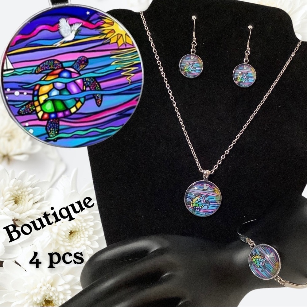 Boutique - 4pcs fashion cabochon Set TURTLE 🐢 bracelet earrings necklace - Picture 5 of 5